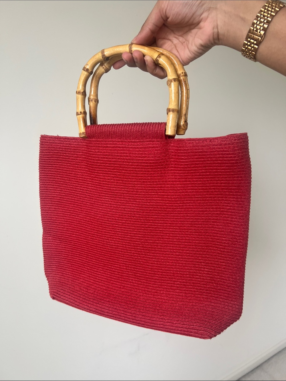 Red Bamboo-Handle Woven Tote Bag